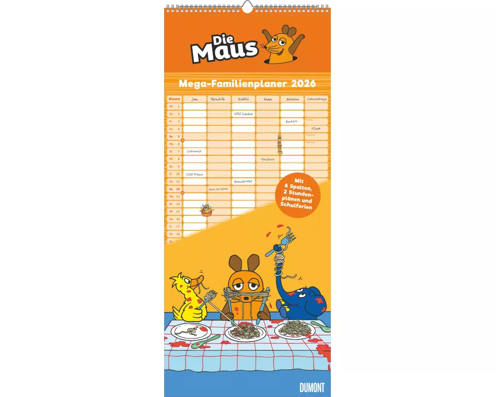 DUMONT - Die Maus Megaplaner 2026 – XXL Mega-Familienplaner 30 x 70 cm mit 6 Spalten, Stundenplänen & Ferientabelle