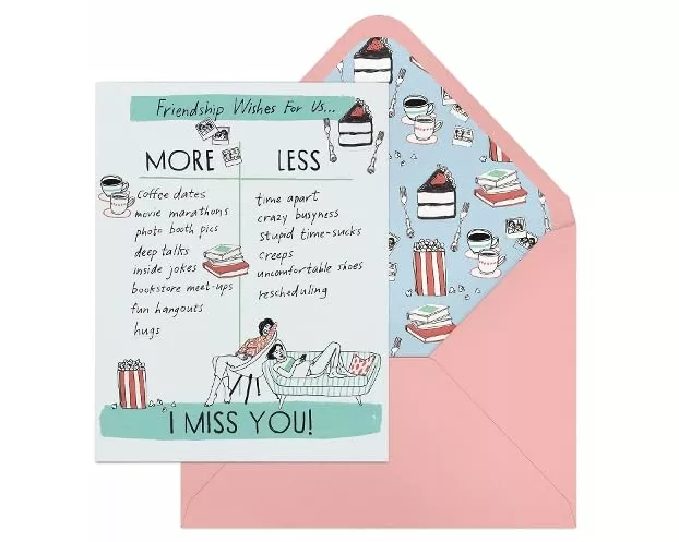 6-Pack Em & Friends Julia Rothman Miss You Friend More/Less Greeting Cards