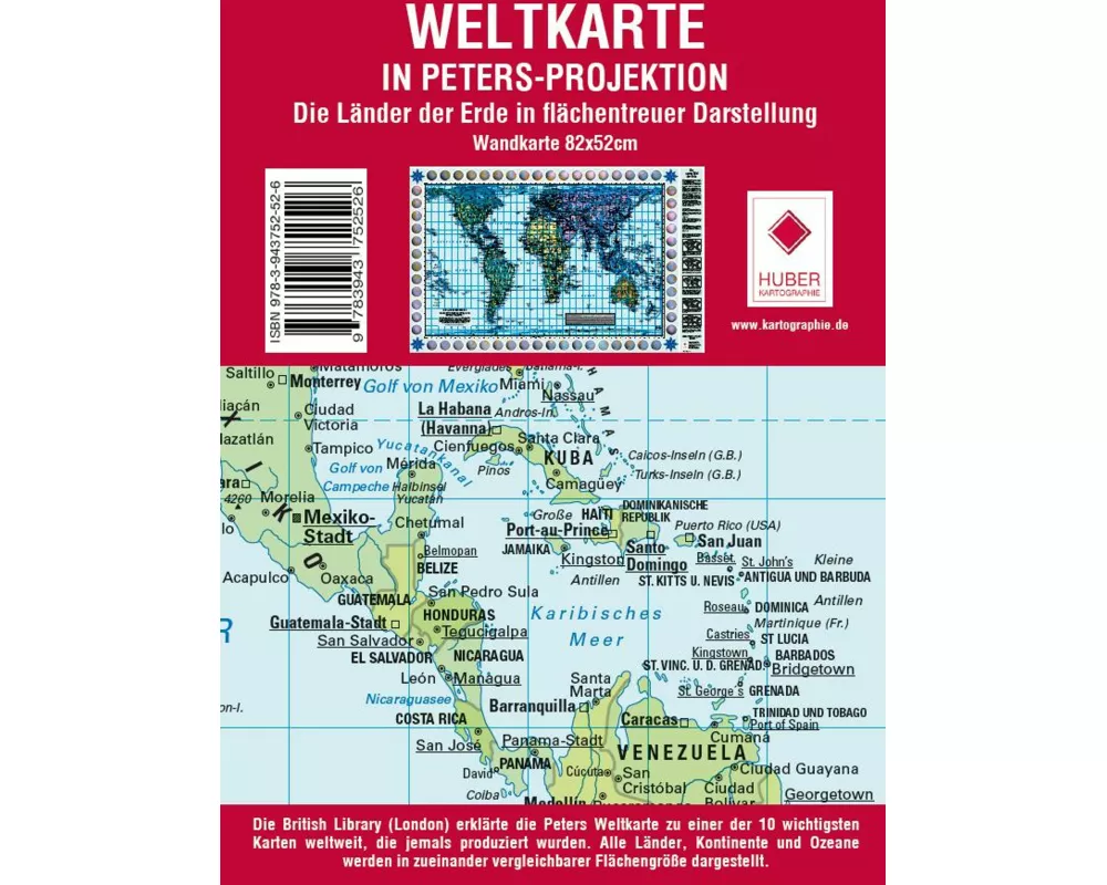 Weltkarte Petersprojektion, deutsch (ca. 82,5 x 52,3 cm)