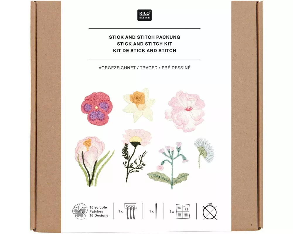 Stick & Stitch Packung Frühlingsblumen, inkl. wasserlöslicher Stickvorlage, inkl. wasserlöslicher, bedruckter Stickvorlage, Stickg