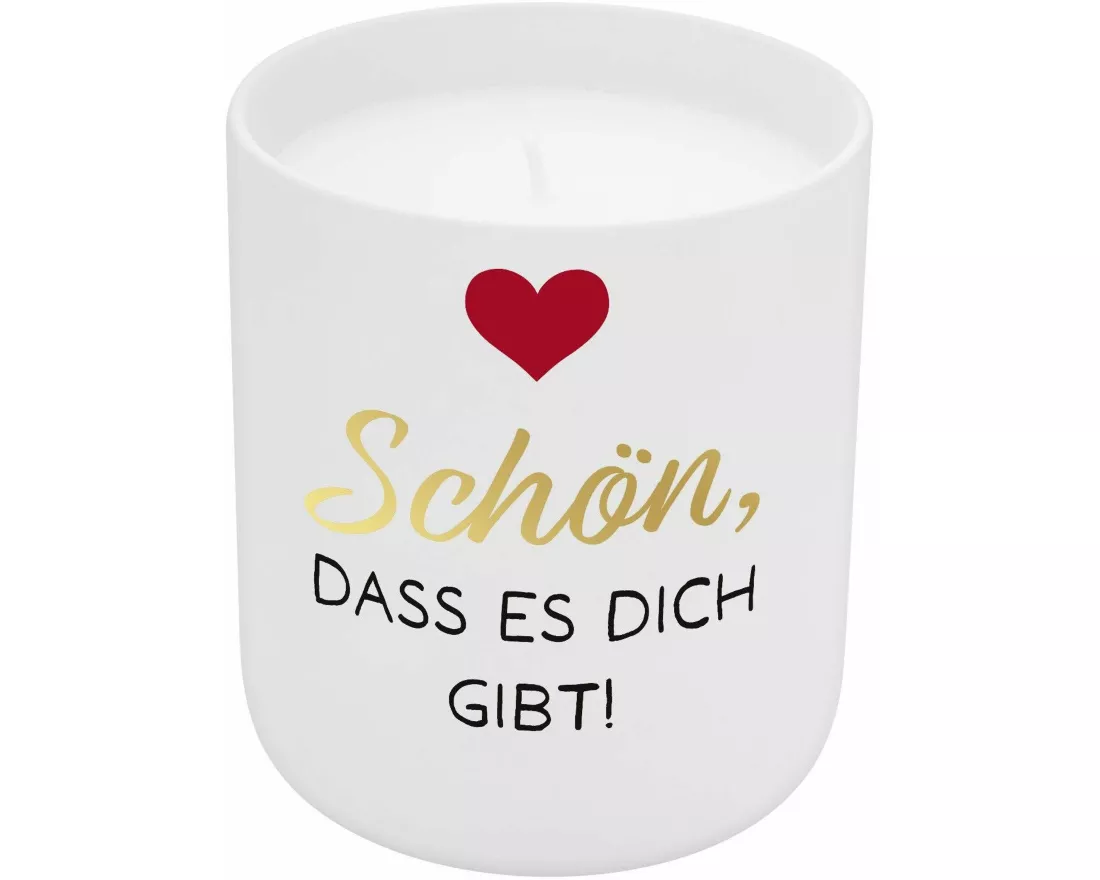 Kerze in Porzellanbecher "Schön, dass es dich gibt", mit Golddruck
