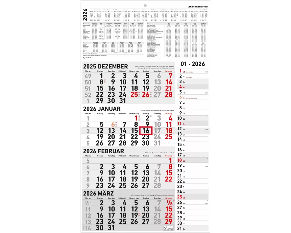 Zettler 4-Monatskalender Kombi 2026 – Wandkalender 33 × 59 cm mit Datumsschieber, 4 Monate pro Blatt, Extra-Streifenkalendarium für Notizen, Monatsübe