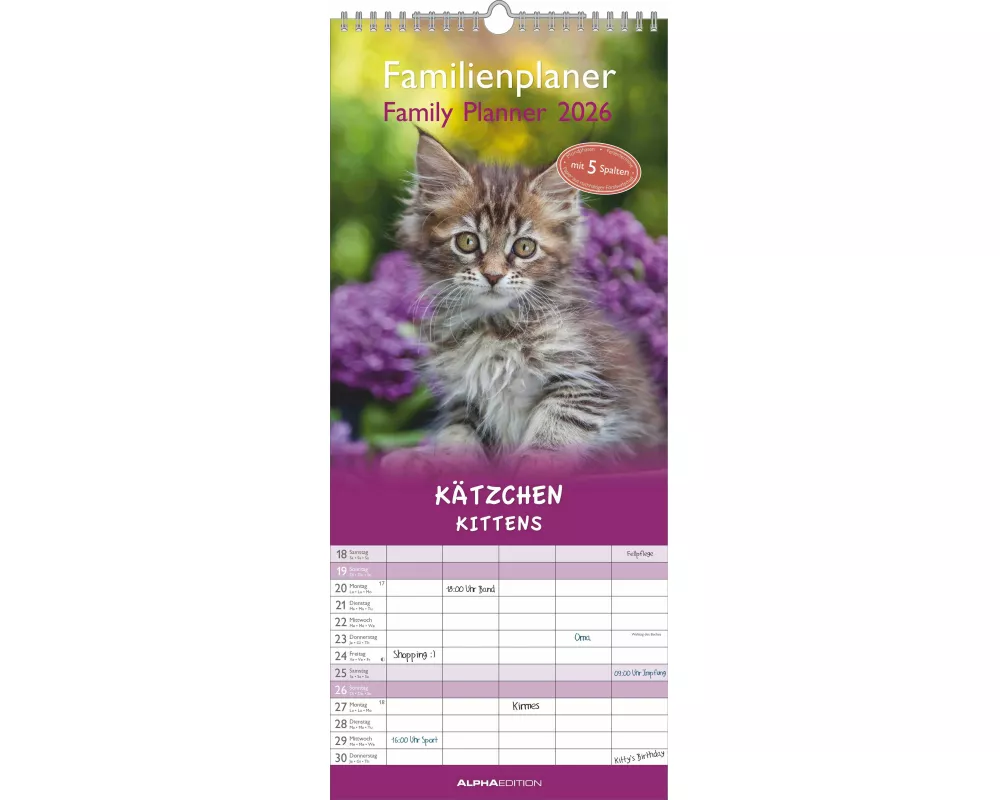 Alpha Edition - Kätzchen Familienkalender 2026 – Wandkalender 19,5×45 cm mit 5 Spalten & Feiertagen, süße Katzenmotive, praktischer Terminplaner für F