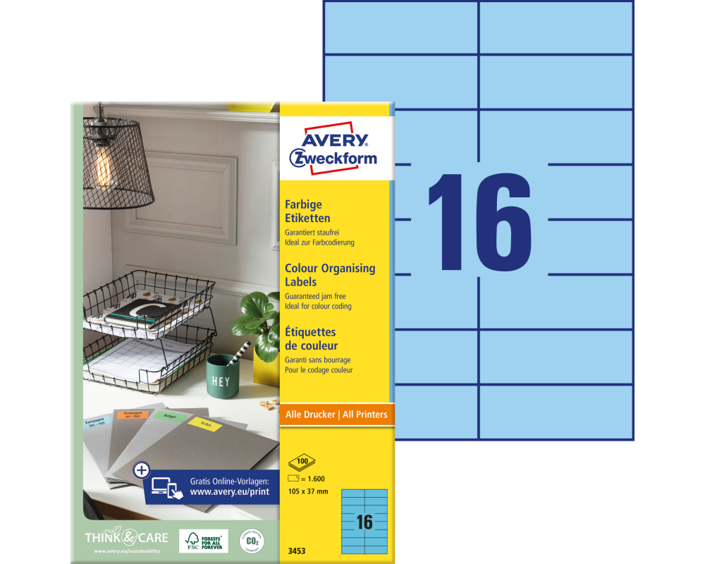 AVERY ZWECKFORM Etiketten 105×37mm 3453 blau 1600 Stück
