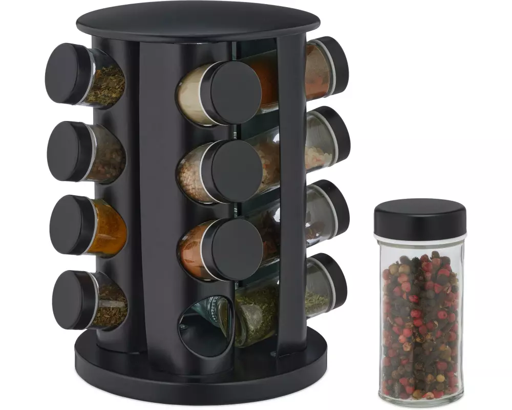 relaxdays Gewürzkarussell 16er Set Schwarz/Transparent