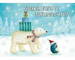 Postkarte. Fröhliche Weihnachten (Eisbär und Pingui