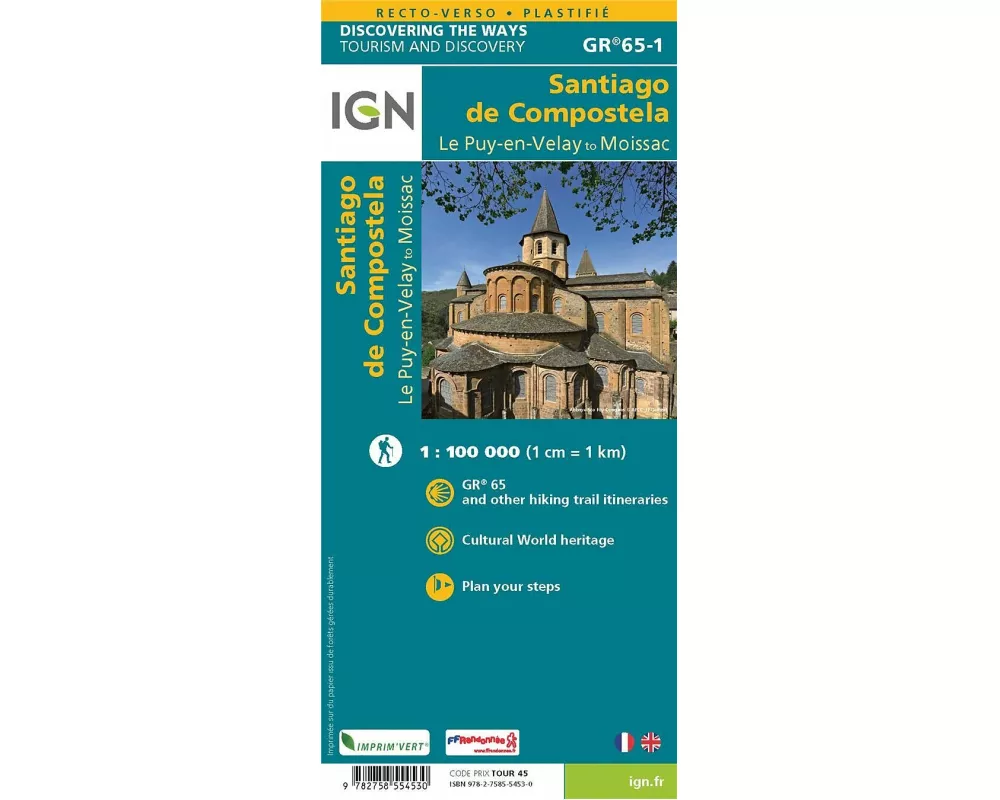 Jakobsweg GR65-1 - Saint Jacques Le Puy en Velay - Moissac - Touristische Karte 1:100.000 (wasserfest)