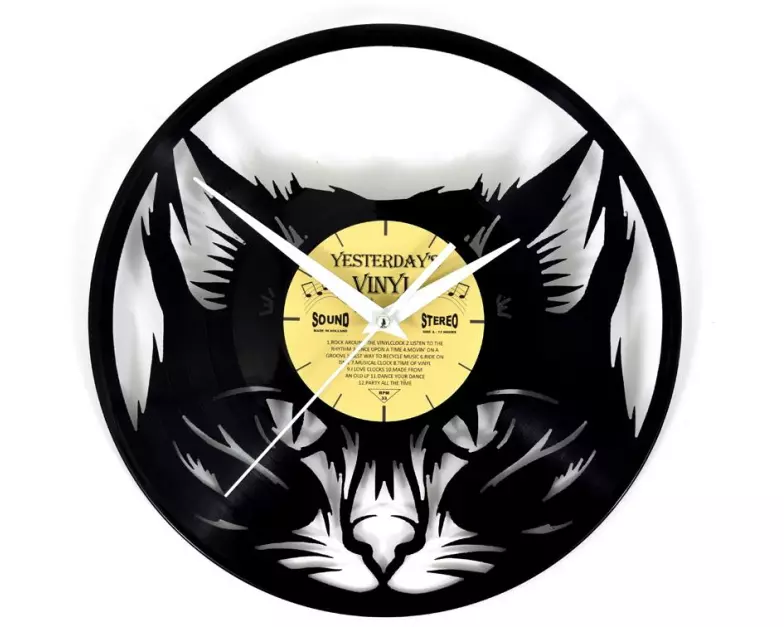 Yesterday's Vinyl Wanduhr Katze Ø 30 cm, Gold/Schwarz