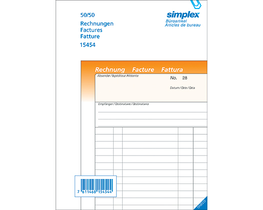 SIMPLEX Rechnungen D/F/I A5 15454 orange/weiss 50x2 Blatt