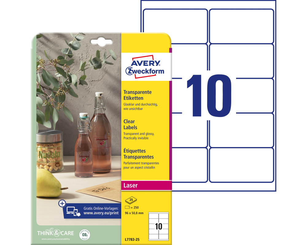 AVERY ZWECKFORM Etiketten 96x50,8mm L7783-25 glasklar 250 Stück