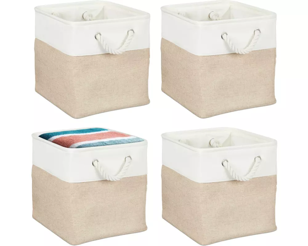relaxdays Aufbewahrungsbox Leinen 4 Stück, Beige/Weiss
