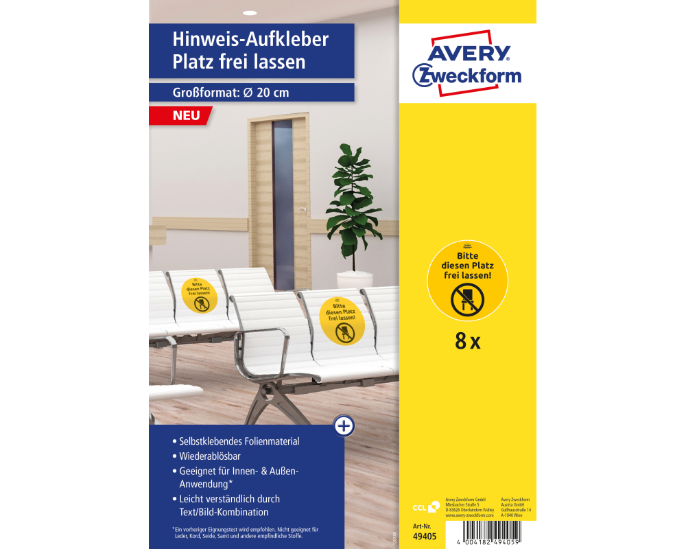 AVERY ZWECKFORM Hinweis-Aufkleber DE 20cm 49405Z Platz frei lassen 8 Stück