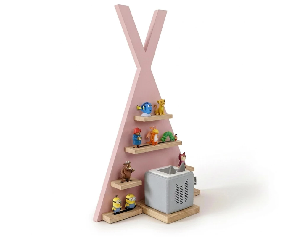 relaxdays Hörfigurenregal Zelt, MDF / Holz, Rosa / Hellbraun