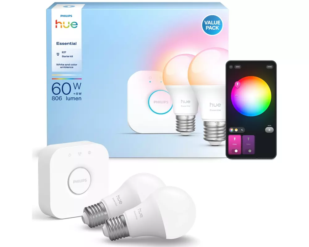 Philips Hue Basis Starter-Set: Hue Bridge + 2 Essential E27 RGB