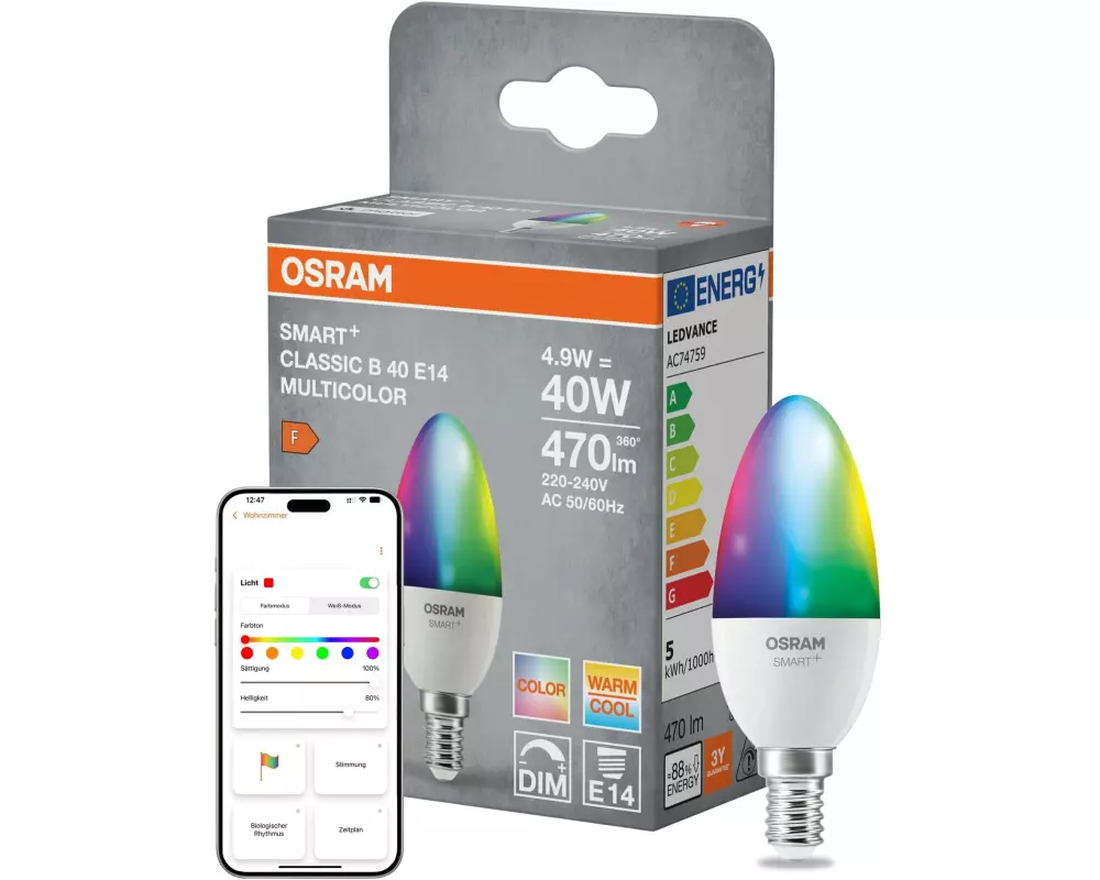 OSRAM Leuchtmittel B40 SMART+ MATTER, E14, 4.9 W, RGBW