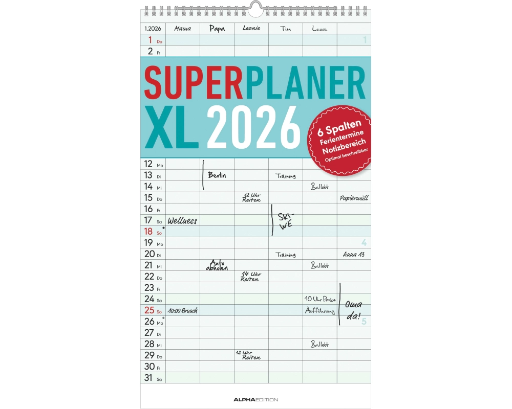 ALPHA EDITION Superplaner XL 2026 160282 1M/1S DE 6 Spalten 26x45cm
