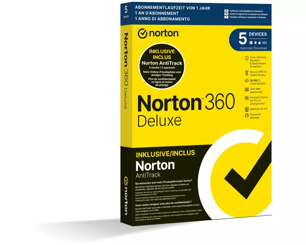 Norton 360 Deluxe + AntiTrack Bundle Box, 5 Dev., 1yr, 50GB Cloud