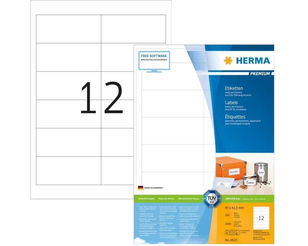 HERMA Universal-Etiketten Premium, 9.7 x 4.23 cm, 2400 Etiketten