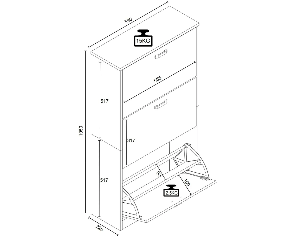 VCM Schuhschrank Halom M 59 x 105 cm, Weiss/Honig-Eiche