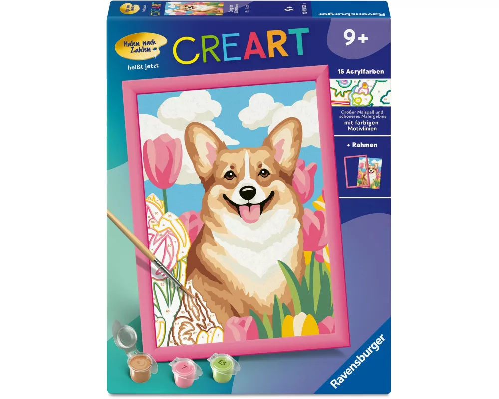 CreArt, Malen nach Zahlen Kinder - Corgi im Blütenmeer