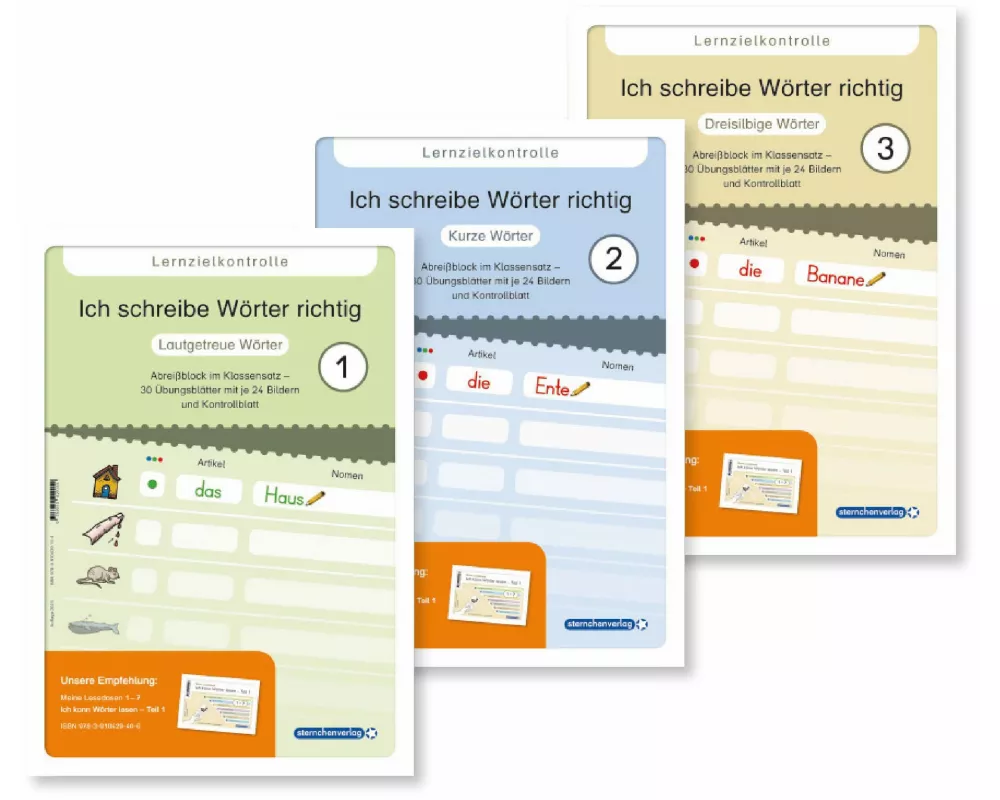Ich schreibe Wörter richtig - 3 Lernzielkontrollen - Lautgetreue / Kurze / Dreisilbige Wörter