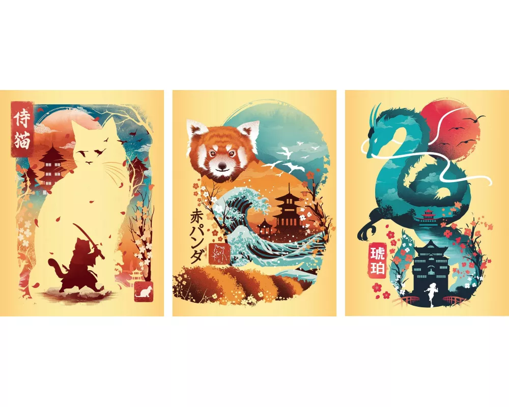 Minipuzzle-Trio 100 Teile - Ukiyo-e Katzenkrieger, Roter Panda & Drache