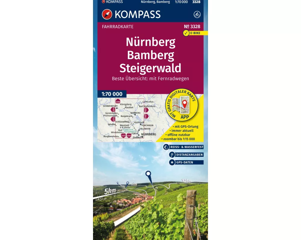 KOMPASS Fahrradkarte 3328 Nürnberg, Bamberg, Steigerwald 1:70.000