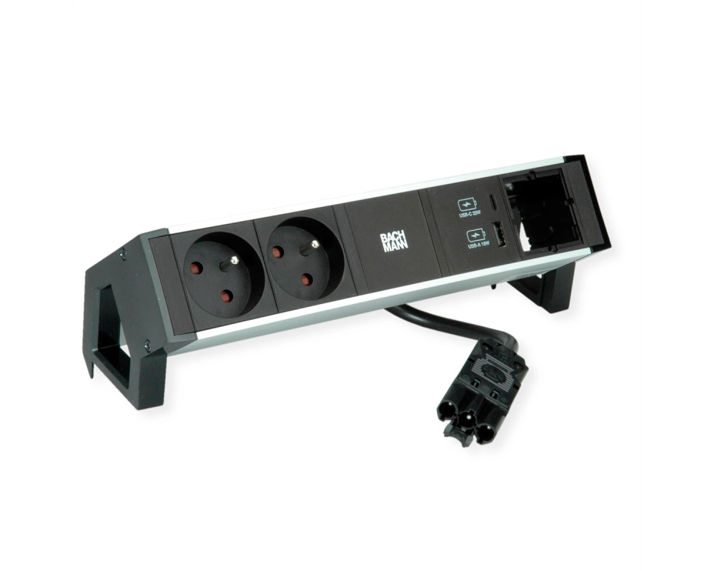 BACHMANN DESK2 ALU BLACK 2xUTE 1xCM 1xUSB A/C 22W 0,2m GST18