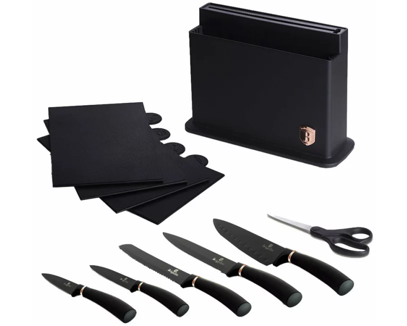Berlinger Haus Messerset mit Ständer und Schneidebrett Black Rose Collection