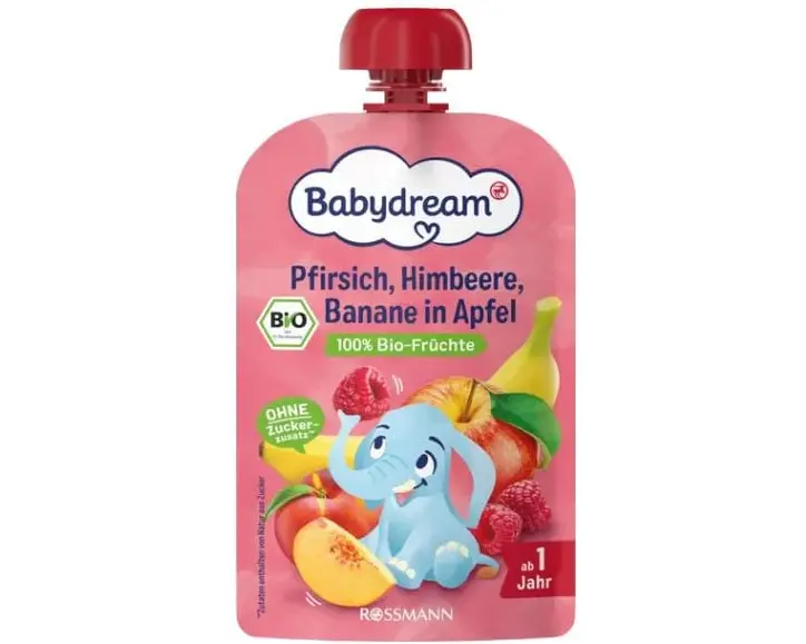 Babydream Quetschbeutel Bio Pfirsich, Himbeere, Banane in Apfel 100 g