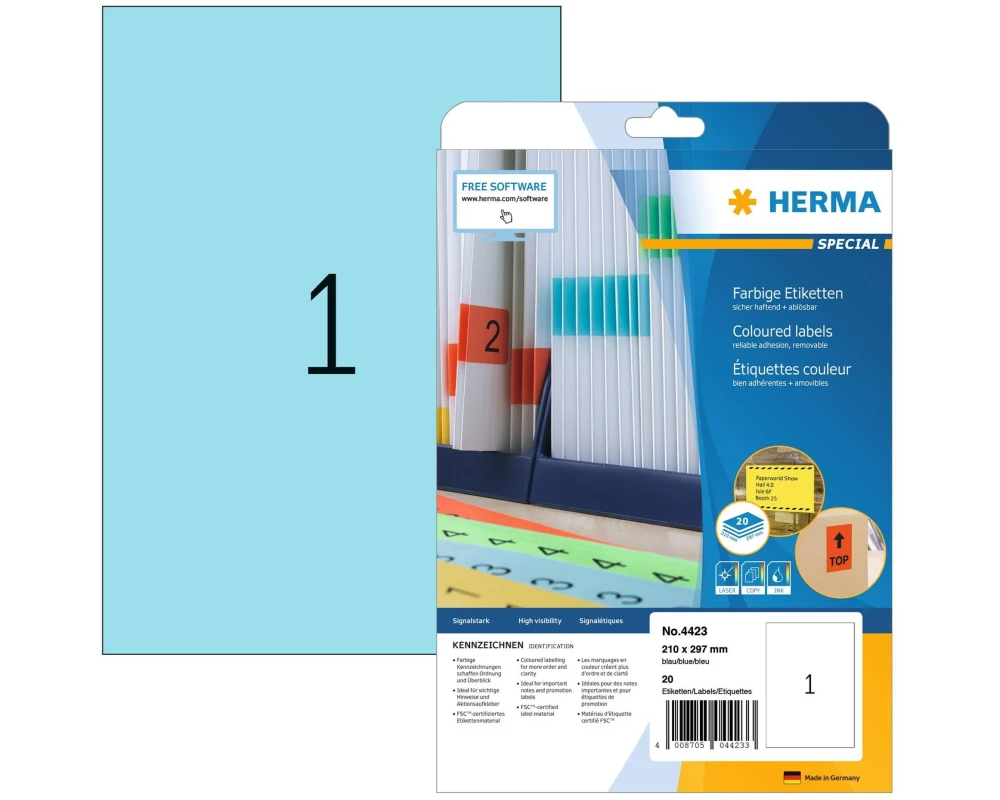 HERMA Universal-Etiketten A4 Ablösbar 210 x 297 mm Blau, 20 Blatt