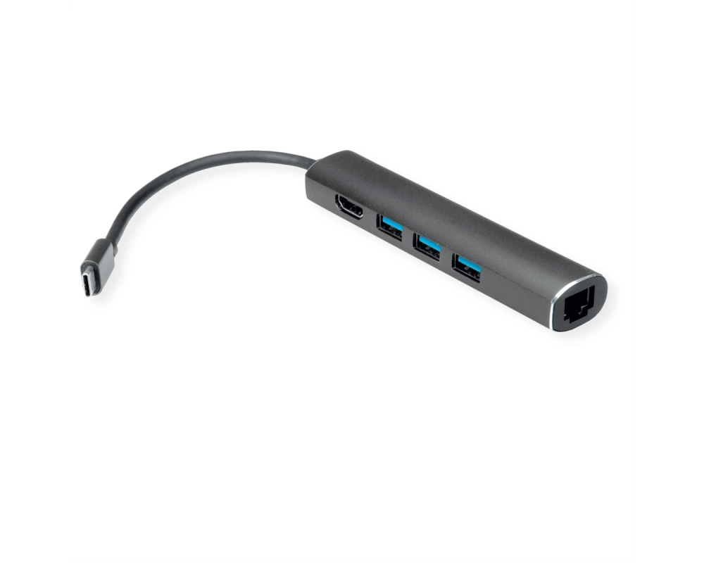 VALUE USB Typ C Dockingstation, HDMI 4K, 3x USB Typ A, Gigabit Ethernet, grau