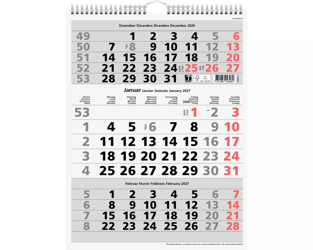 Simplex Wandkalender 2027 3M/1S Rot 31 x 40 cm