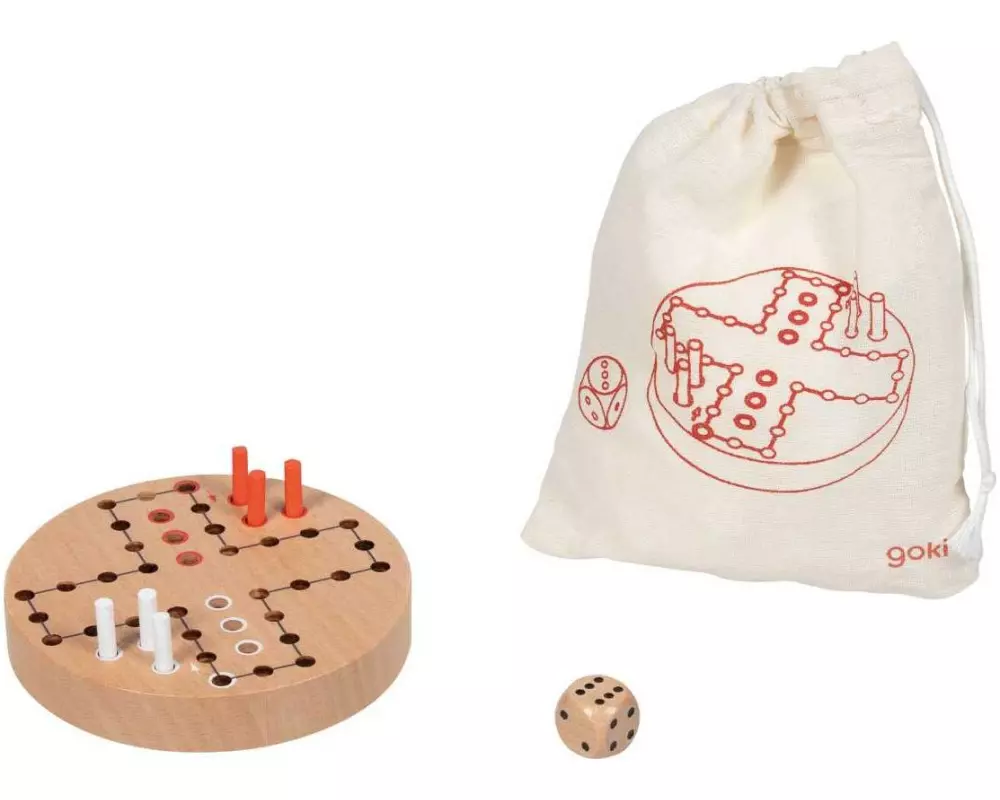 Goki Familienspiel Ludo im Baumwollbeutel Ø 9 cm, 8 Teile