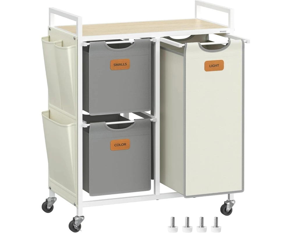 VASAGLE Wäschekorb mit 3 Fächern 100 l, Beige/Grau