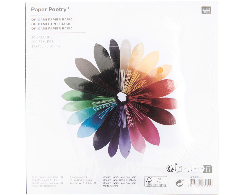 RICO DESIGN Faltblätter Origami 15x15cm 99000.60.04 Basic 80g, 200 Blatt