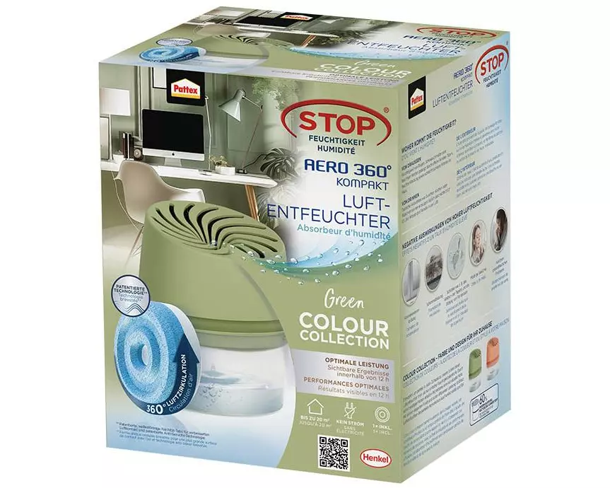 Pattex Aero 360° Kompaktgerät, Luftentfeuchter, 450 g, Grün 20 m²