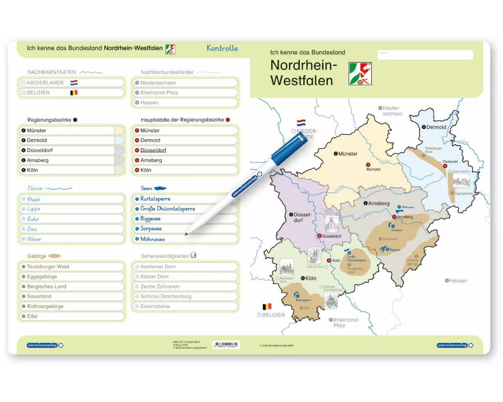Ich kenne das Bundesland Nordrhein-Westfalen- Lerntafel mit Stift
