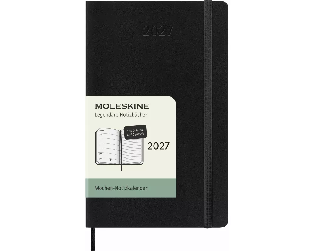 Moleskine 12 Monate Wochen Notizkalender deutsch 2027, Pocket/A6, 1 Wo = 1 Seite, rechts linierte Seite, weicher Einband, schwarz