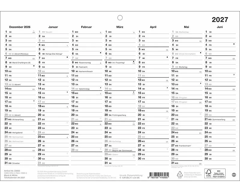 Black&White Tafelkalender A4 2027