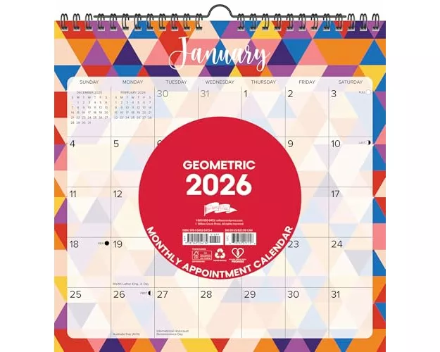 Geometric 2026 12 X 12 Spiral Wall Calendar