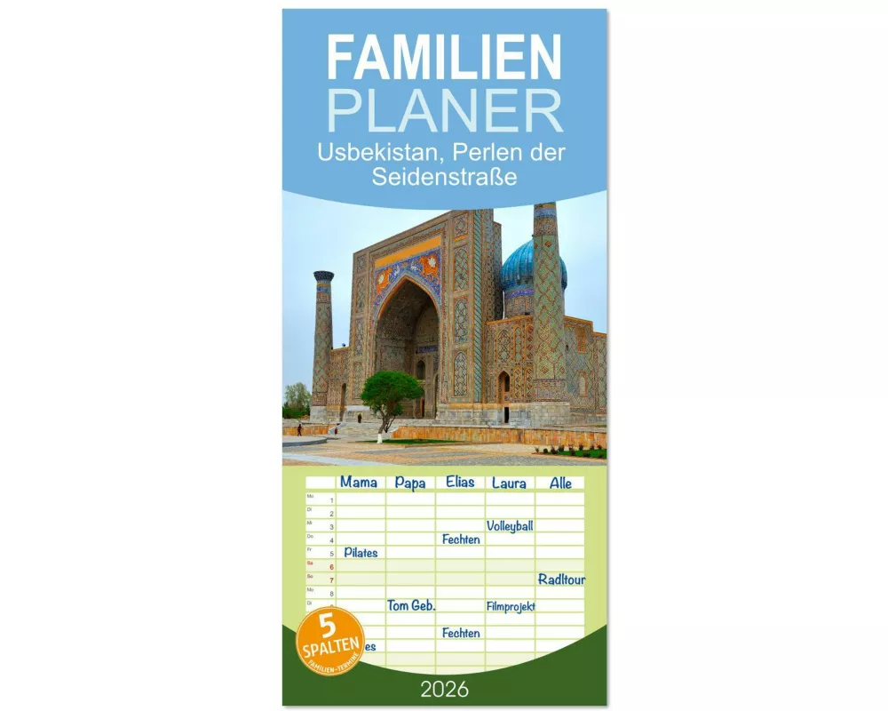 Familienplaner 2026 - Usbekistan, Perlen der Seidenstraße mit 5 Spalten (Wandkalender, 21 x 45 cm) CALVENDO