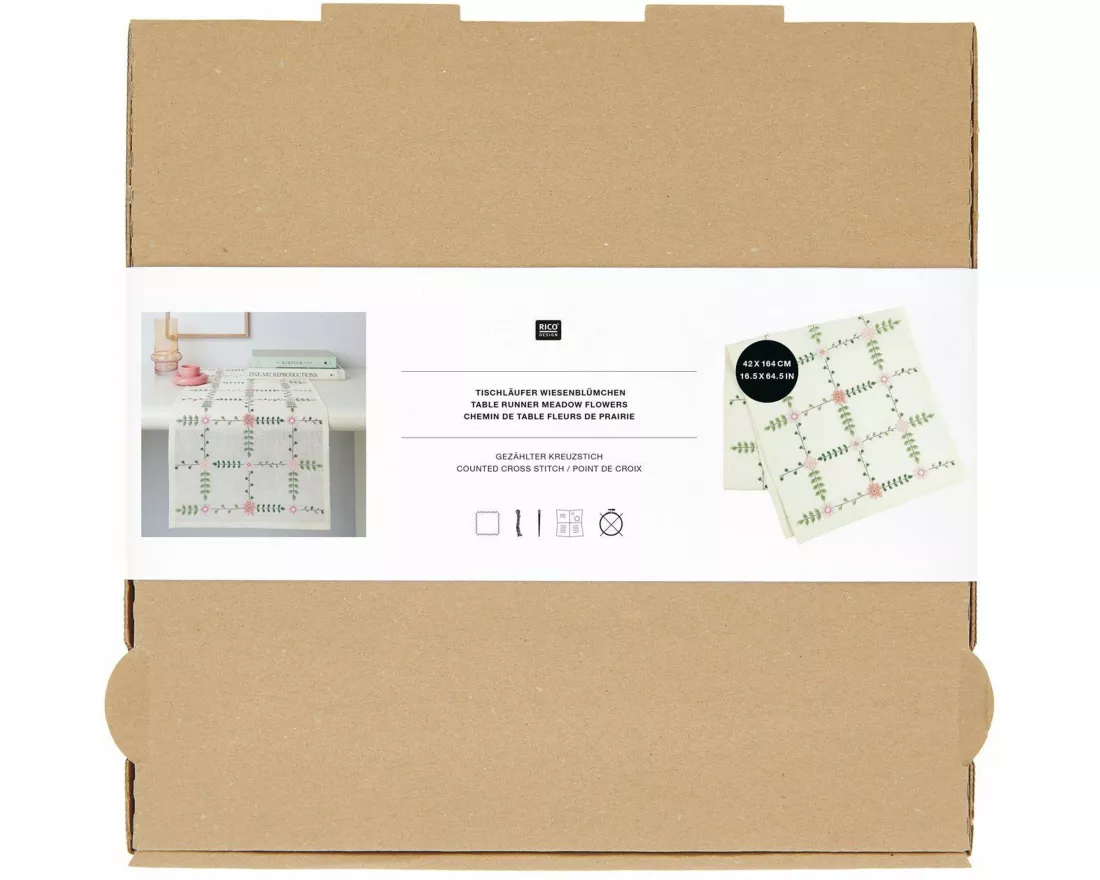 Stickpackung, Gezählter Kreuzstich Tischläufer Wiesenblümchen, 42 x 164 cm, 100% Leinen