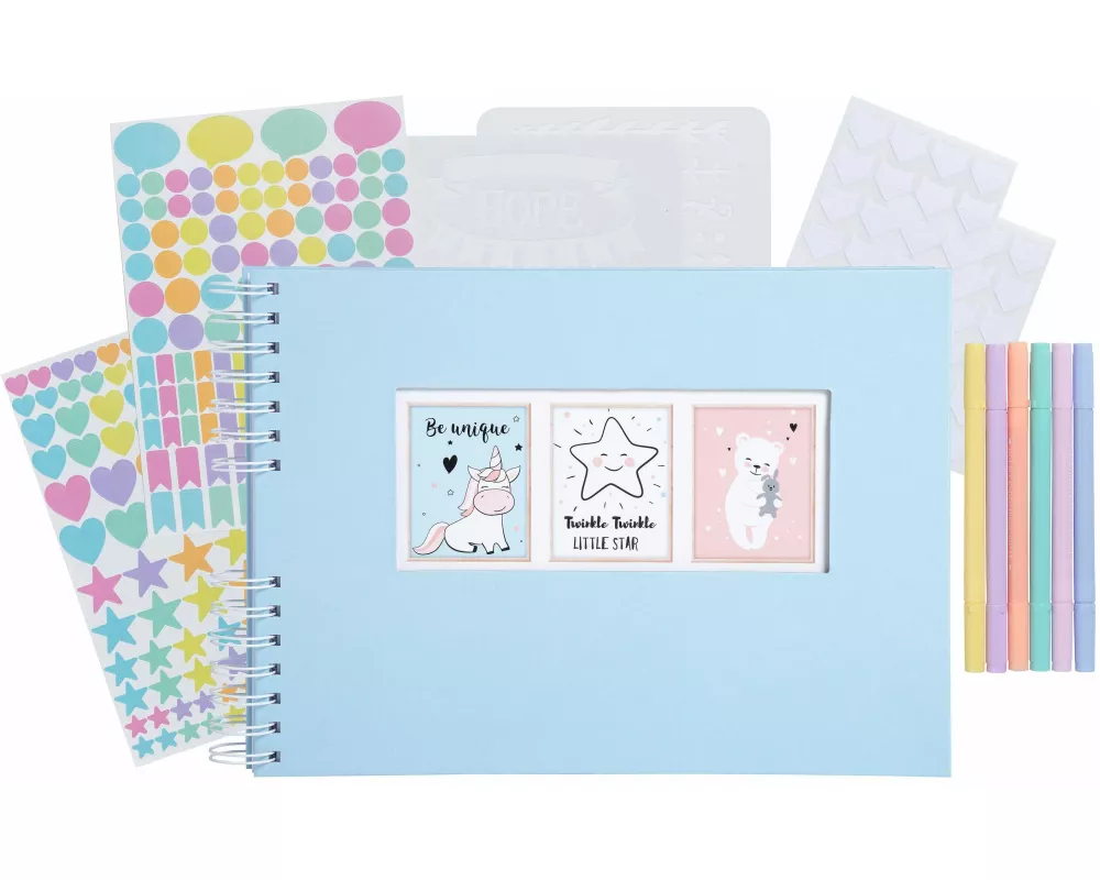 Scrapbooking-Set, Fotoalbum mit Spiralbindung, 50 Seiten weiß, 32x22 cm + Stifte, Sticker, Schablonen, Fotoecken