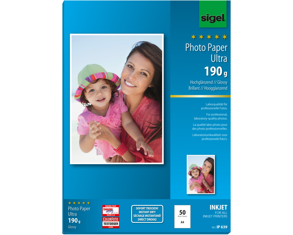SIGEL InkJet Fotopapier A4 IP639 190g,glossy, weiss 50 Blatt