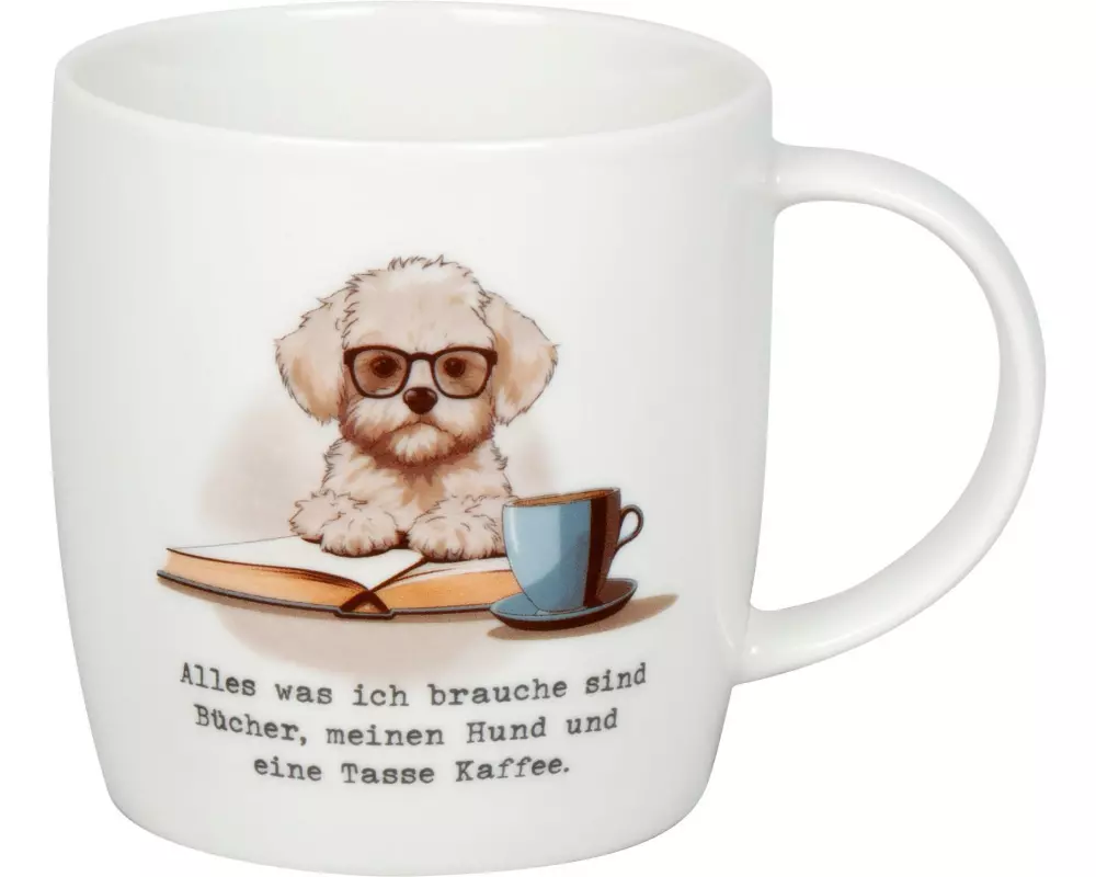 Könitz Teetasse Bücher, Hund & Kaffee 400 ml, Weiss