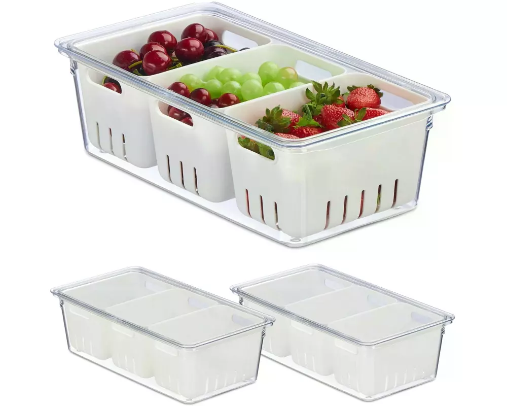 relaxdays Kühlschrankorganizer 600 g, 3 Stück, Transparent/Weiss