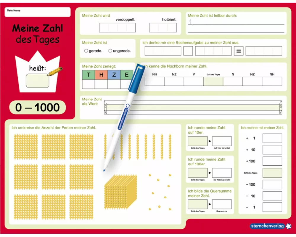 Meine Zahl des Tages 0-1000 - wiederbeschreibbare Lerntafel mit Stift - Mathematik