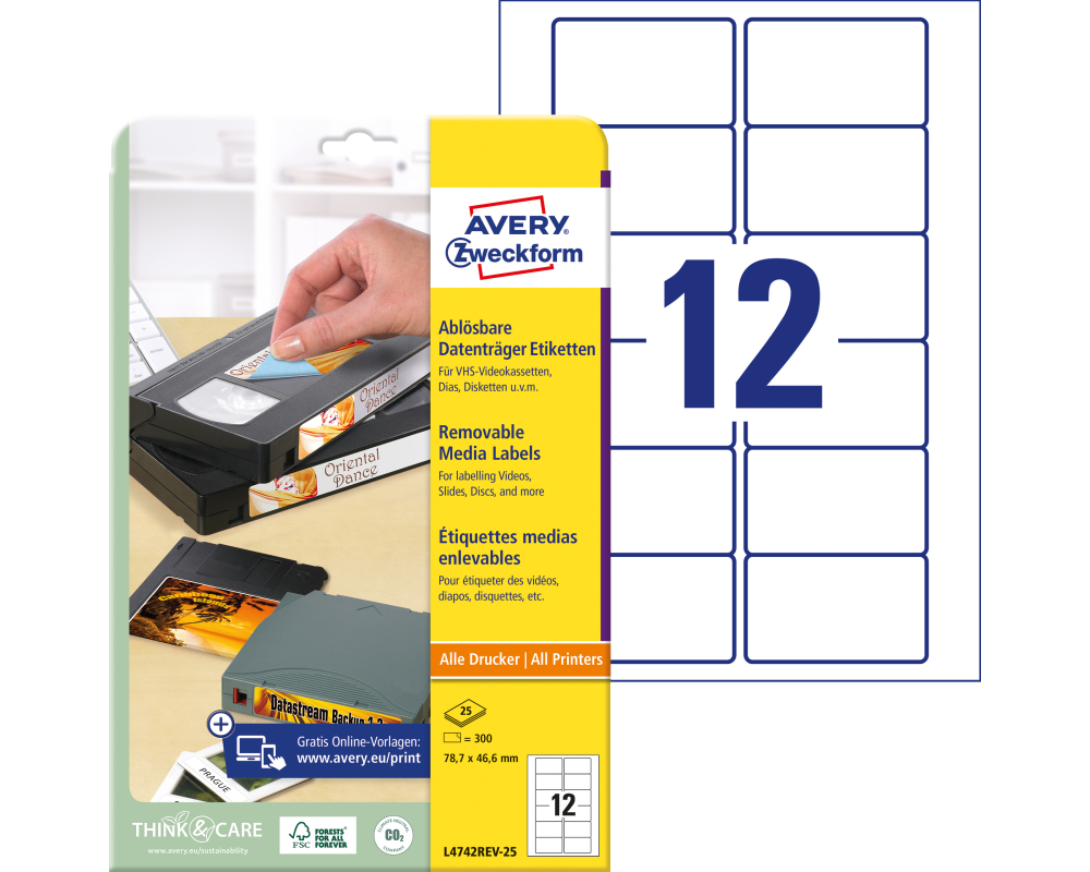 AVERY ZWECKFORM Video-Etiketten 78,7x46,6mm L4742REV-25 weiss,non-perm. 300Stk./25Bl.