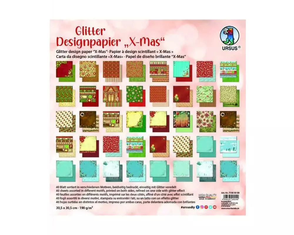 URSUS Designpapier X-Mas Glitter , , 1 Stück, Mehrfarbig